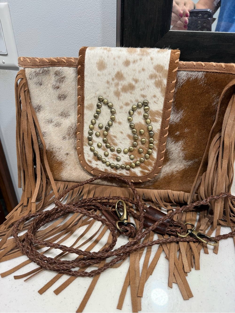 Fringed Cowhide Crossbody Bag in Brown and White